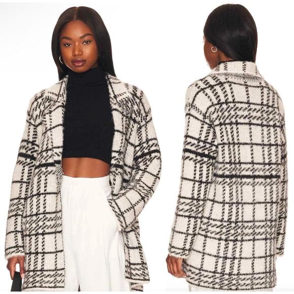 L*SPACE Stirling Sweater Coat in Plaid Ivory Black Women’s XL Cozy Quiet Luxury - Picture 1 of 10